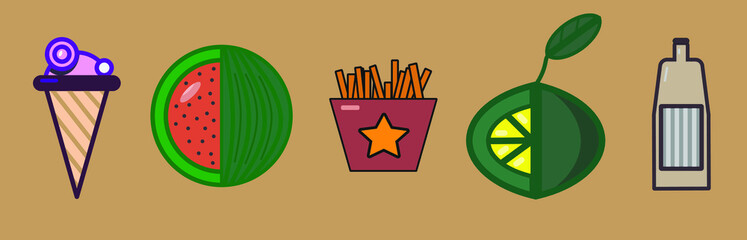Vector set of icons on a brown background: Ice cream, watermelon, lime, bottle, French fries