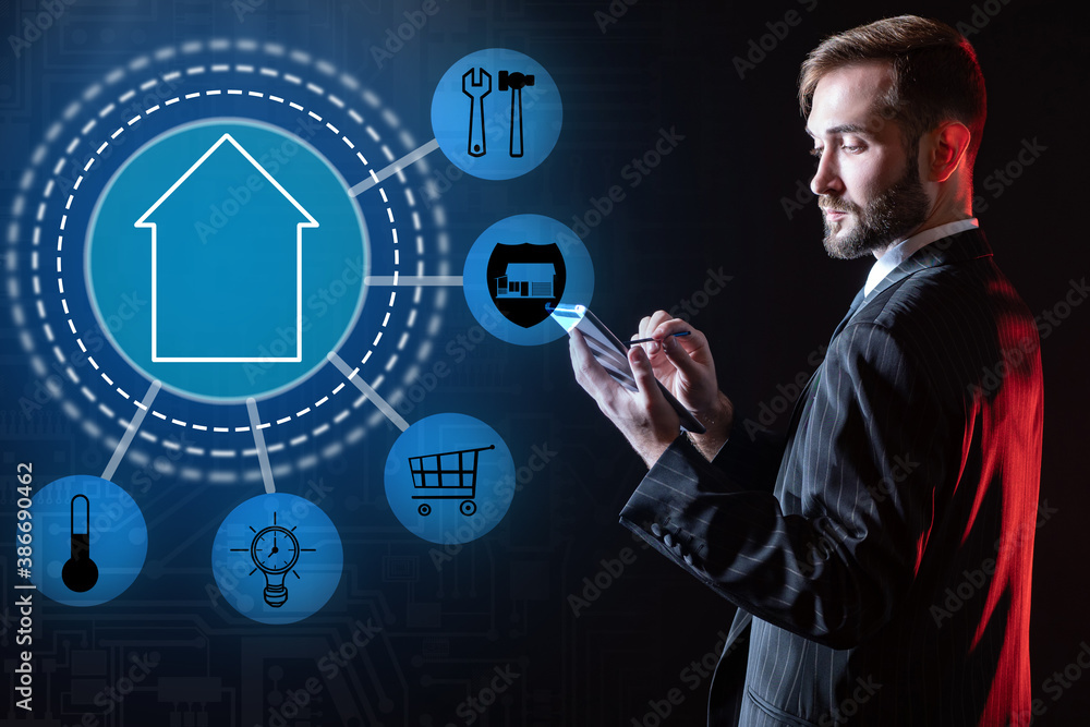 Poster iot concept. the smart home system. a man manages home systems through a mobile app. smart home auto
