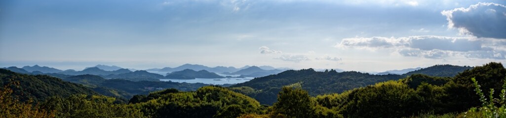 Panorama view of the Seto Inland Sea as seen from mountain in Fukuyama city
