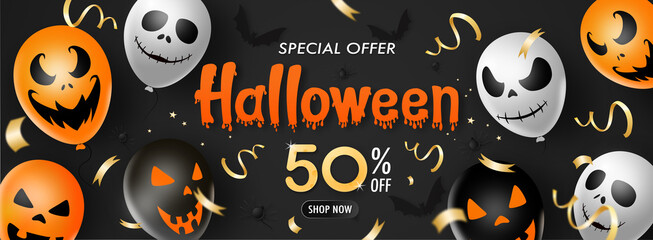 Halloween sale promotion  banner template ,scary balloons, bat,spider, isolated  on black   background, text special offer, fifty percent off, vector illustration