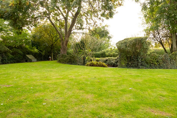 Fototapeta na wymiar Well-maintained lawn and private gardens seen after the large lawn area was cut. A large stock of trees and bushes are visible.