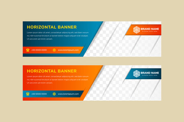 abstract long horizontal layout of banner design template with blue and orange gradient as color of background. diagonal shadow in space of photo. 