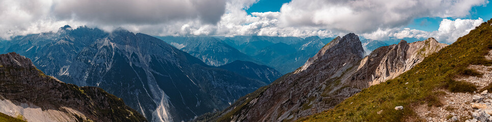 High resolution stitched panorama of a beautiful alpine summer view at the famous Karwendel summit near Mittenwald, Bavaria, Germany