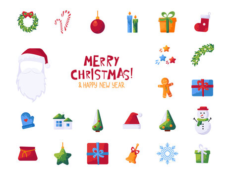 Set of Christmas elements in flat style. Holiday clip art for xmas design. Christmas stickers