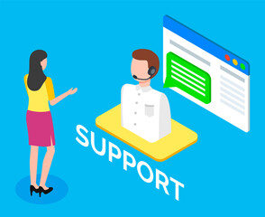 Online customer support at site. Woman client talking with operator of hotline. Tech support of website. Avatar of man with microphone and dialogue cloud. Isometric 3d characters in flat style