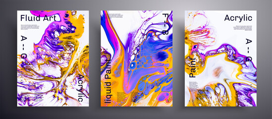 Abstract acrylic poster, fluid art vector texture set. Trendy background that applicable for design cover, invitation, presentation and etc. Blue, pink, yellow and white creative iridescent artwork