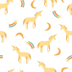 Seamless childish pattern with hand-drawn rainbow, unicorn vector illustration. Good for kids theme, fabrix, textile, stationary, card, wallpaper.