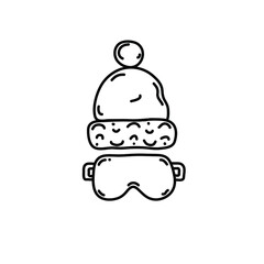 Knitted hat goggles glasses kids snowboard ski snow set logo icon sign Hand drawn Doodle abstract design Children's cartoon cute style Fashion print clothes apparel greeting invitation card poster