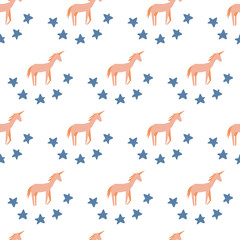 Seamless childish pattern with hand-drawn star, unicorn vector illustration. Good for kids theme, fabrix, textile, stationary, card, wallpaper.