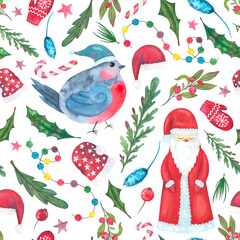 Seamless pattern with watercolor Christmas elements on a white background.