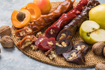 Churchkhela or Churchkela, the traditional Georgian homemade sweets with nuts.
