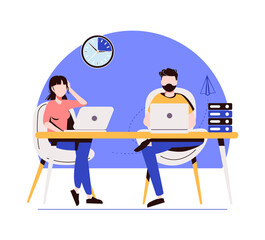 Business topics - office work. Flat style modern outlined vector concept illustration. Man and woman sitting and working at office desks with desktop computers. 