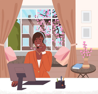 Black afro woman with headset operator or consultant of call center, hotline working from home with computer, freelance. Woman freelancer give online consultation to customer. Manager at distance work