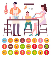 Young mom and dad cooking with son at kitchen, people sitting, standing near kitchen table. Woman cutting tomato, man mixing salad. Collection of different types of food, vegetables, fruits, drinks