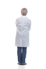 rear view. mature woman doctor reading something on a white screen