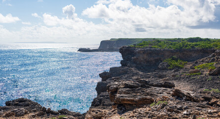 Fototapeta na wymiar Falaise littoral rocheuse érodée par le climat avec un peu de végétation tropicale sur fond de mer bleu intense avec l'avancée d'une caye sur un ciel dégagé avec quelques nuages