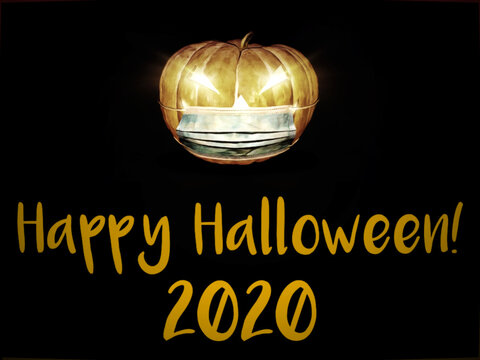 Feliz Halloween 2020. Tarjeta con una ilustraci&oacute;n o caricatura de calabaza, con luz de velas y con una m&aacute;scara m&eacute;dica de prevenci&oacute;n para el Covid-19 o Coronavirus. Fondo negro y texto dorado.
