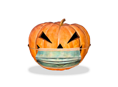 Calabaza de Halloween Ilustraci&oacute;n o caricatura, sin luz, con ojos, nariz y boca oscuros. Lleva una mascarilla m&eacute;dica de prevenci&oacute;n de Covid-19 o Coronavirus. Aislado en blanco.
