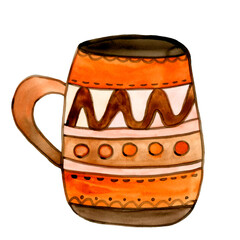 Ceramic mug for tea or coffee, with a pattern. Hand drawing, watercolor. Isolated on a white background