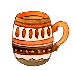 Ceramic cup for tea or coffee, with a pattern. Hand drawing, watercolor. Isolated on a white background