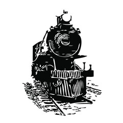 Old style steam locomotive illustration black and white, isolated from front of engine