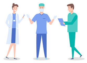 Doctors, medical staff, healthcare medicine concept, woman with magnifying glass, surgeon in mask and gloves, therapist, nurse man with clipboard, medical help, group professional medical specialists