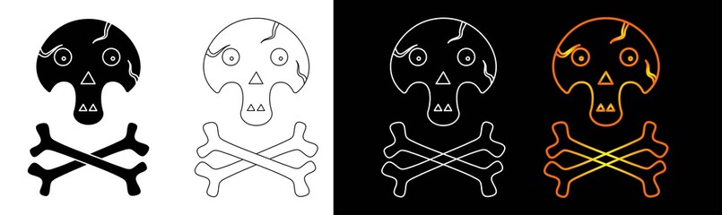 Black, white and gradient skull icon on white and black isolated backgrounds. Skull with bones icon for Halloween Logo design for business, school, hotel, leisure, competitions, etc.