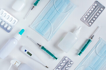 various medical devices on white table. Knolling, flatly