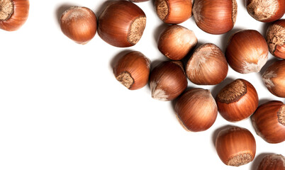 Hazelnuts on a white background top view. Free space for text. Soft focus. Stylish food background with nuts.