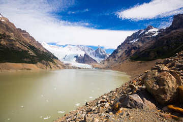 View on mountaintops and surroundings in Los Glaciares National Park in Argentina
