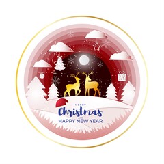 Merry Christmas and Happy New Year banner, X-mas, pine tree , christmas moon, glitters, sparkling background poster, greeting card, holiday, beautiful deer Papercut effect with golden touch