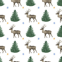 Obraz na płótnie Canvas Seamless Christmas pattern with deer, fir trees, snowflakes and stars. Watercolor illustration. 