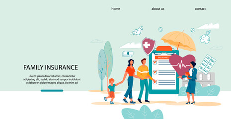 Family health and life insurance website template with happy family and insurance agent, flat vector illustration. Healthcare insurance policy and medical savings plan landing page interface.