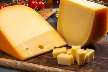 Cheese collection, Dutch ripe hard cheeses made from cow milk in the Netherlands - obrazy, fototapety, plakaty