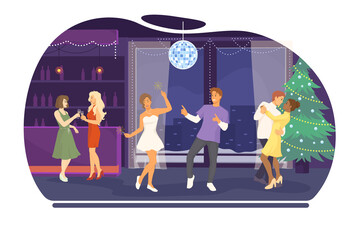 Happy people having fun at new year party. Flat vector illustration.