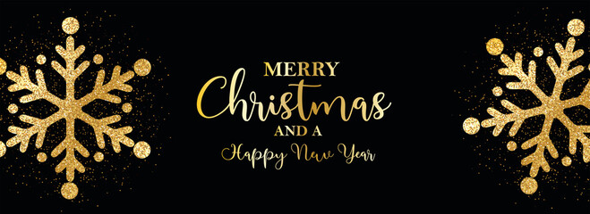 card or banner on "Merry Christmas and Happy New Year" in gold with gold colored snowflakes on a black background