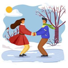 Couple skating together in winter holding hands looking at one another, snow-covered trees and bushes, young people spend time together outdoors, activity or hobby at nature, friends leisure