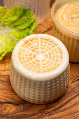 Cheese collection, italian soft smoked burrata cheese made from mozzarella with cream inside in region Apulia