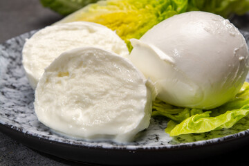 Сheese collection, balls on soft white mozzarella bufala cheese served with green cos lettuce