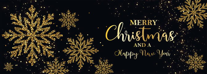 card or banner on "merry christmas and happy new year" in gold with gold colored snowflakes and glitter on a black background