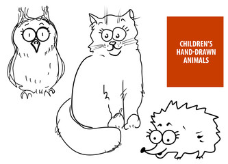 Cute hand drawn cartoon cat, owl, hedgehog for baby and children card designs or fabric print. Line art original vector illustration set isolated on white background
