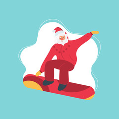 Santa Claus on Snowboard. flat Vector illustration