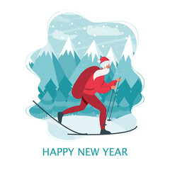 Skiing Santa Claus. Christmas web banner. flat Vector illustration
