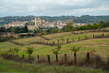 Fototapeta na wymiar Landscape of the city of Auch, in France, in the distance its cathedral, in front, the countryside, under an overcast sky