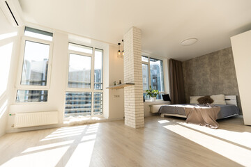 Interior of white and gray cozy bedroom