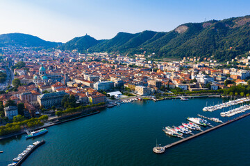 Panoramic view from the drone on the city Como. Italy. High quality photo