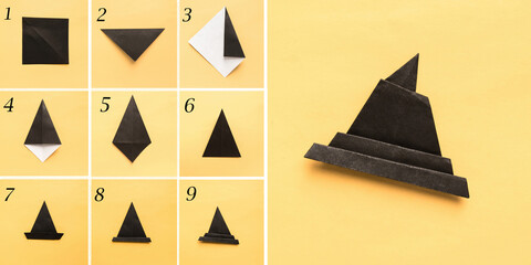 Step by step photo instruction how to make origami paper hat. Halloween hat of witch. Simple diy...