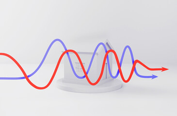 Miniature house and curved arrows. Concept of low cost real estate. Lower mortgage interest rates. Falling prices for rental housing and apartments. Reducing demand for home buying, 3d render