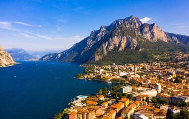 Aerial cityscape of Lecco and picturesque Como lake in Italy - obrazy, fototapety, plakaty