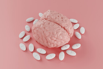 human brain surrounded by pills on pink background, nootropic for the brain or headache pill, a drug to improve brain activity, pill addiction, 3d render